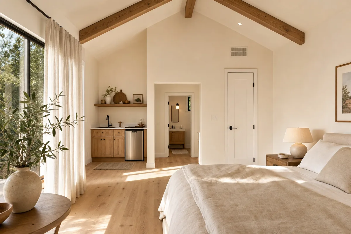 Bright interior of a finished accessory dwelling unit with white kitchenette, vaulted wood-beam ceiling, sofa, and queen bed in a single open studio space.